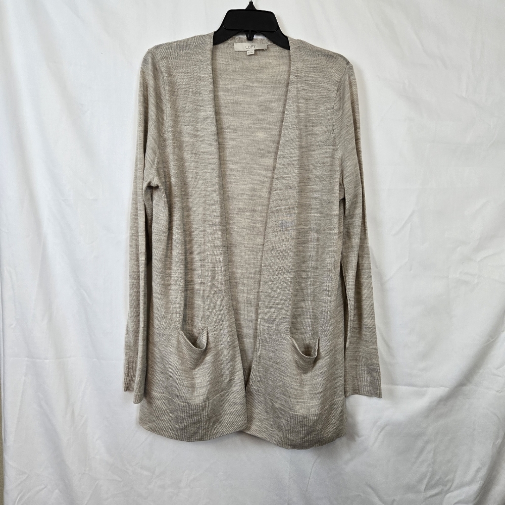 Loft Women Heathered Beige Open Front Long Sleeve Lightweight Career Cardigan XL